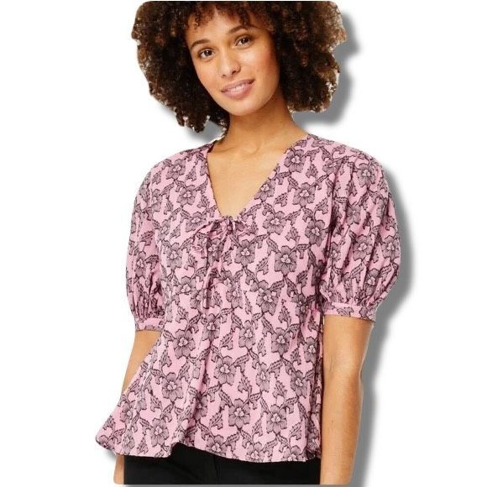 Roller Rabbit Women’s Size XL Pau Rosalie Peplum Top Pink Black Floral Blouse
